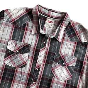 Levis Pearl Snap Western Shirt Mens Sz 3XL Gray Red Plaid Long Sleeve - Picture 1 of 6