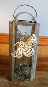 Galvanized Metal Candle Holder Lantern, With Bee Design - Picture 1 of 10