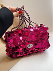 Hot Pink Glitter Flip Sequin Flap Shoulder Bag With Adjustable Chain Strap