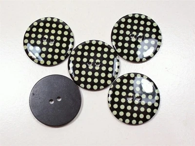Black with Green Polka Dot Buttons x 5 Pieces 2-Hole Button 1 1/4 inches B13 - Image 1 of 4