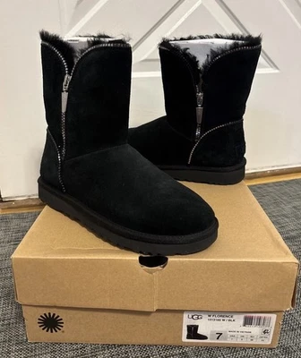 Botas femininas UGG SHORT FLORENCE PRETO/ZIPPERS CAMURÇA TAMANHO 7 AUTÊNTICAS NOVAS NA CAIXA - Imagem 1 de 4