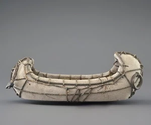 Vtg Beige Suede/Leather Canoe with Indian motifs Decorative piece - Picture 1 of 12