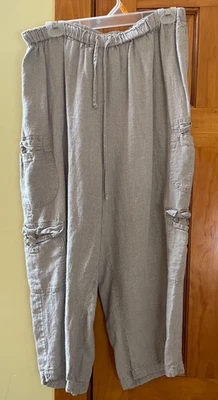 FLAX 100% linen L large beige cropped pants elastic waist cargo pockets EUC - Image 1 of 4