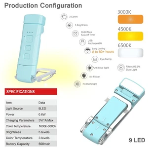 (Black)Reading Lights For Books In Bed Portable Clip-on LED USB Rechargeable BT5 - Afbeelding 1 van 12