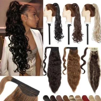 Long Curly Clip In Piece As Real Human Hair Clip In Ponytail Extension Black US - Image 1 of 4