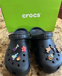 Crocs Classic Clog Black M 9 W9 With Jibbitz Unicorn Ice Cream Teddy Bear Fish - Picture 1 of 8