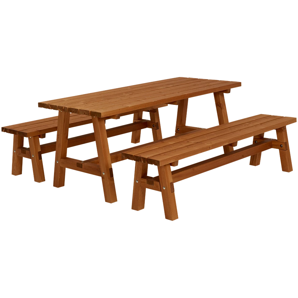 Sitzgarnitur Gartentisch Country Plankengarnitur 1 Tisch 2 Bänke teak farbgrund. - Bild 1 von 4