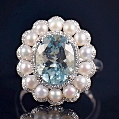 Unique Design Natural Pearl Blue Aquamarine Diamond Women Ring 14k White Gold - Image 1 of 4