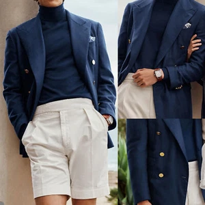 Navy Blue Men Suits Double Breasted Peak Lapel Business Wedding Groom Blazer - Picture 1 of 9