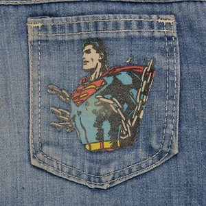 Rare Vintage Superman Pocket Logo Bell Bottom Denim Jeans 90s Superhero Youth S - Picture 1 of 12