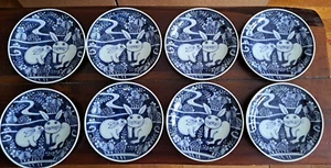 Vintage Lot of 8 Ceramic China Blue White Rabbits Luncheon Side Plates 6.5" D - Picture 1 of 11