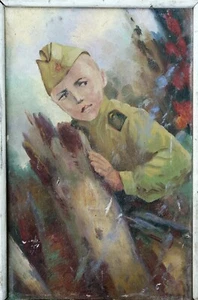 Oil Painting Young Military Soilder Original Framed Wall Hanging Home n1150 - Picture 1 of 11