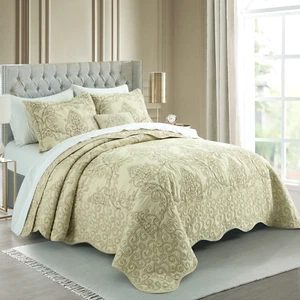 Oversized Queen/King 4Piece Quilt Set Elegant Damask Embroidery Soft Lightweight - Picture 1 of 131
