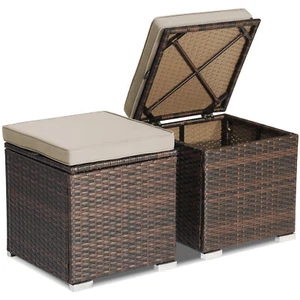 2PCS Patio Rattan Ottomans Seat Side Table Storage Box Footstool W/Cushion Beige - Picture 1 of 10