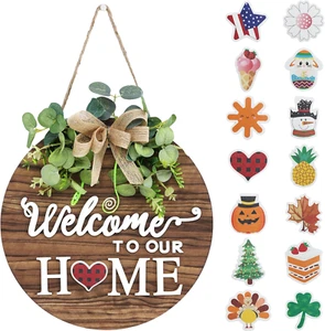 Interchangeable Seasonal Welcome Sign Front Door Decoration, Rustic round Wood W - Picture 1 of 12