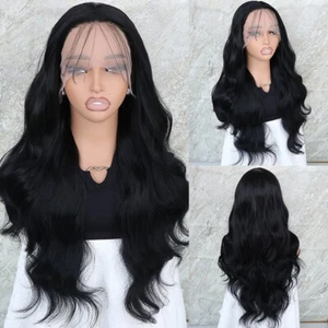 Body Wave Lace Front Wigs Glueless Pre Plucked Natural Black Soft As Human Hair - Picture 1 of 8