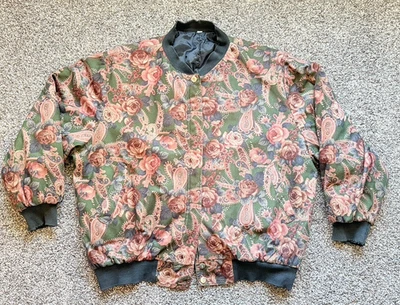 Chaqueta Bomber Vintage Años 80 Floral Paisley Estampado Verde Rosa Tapiz Cottagecore Foto 1 de 4