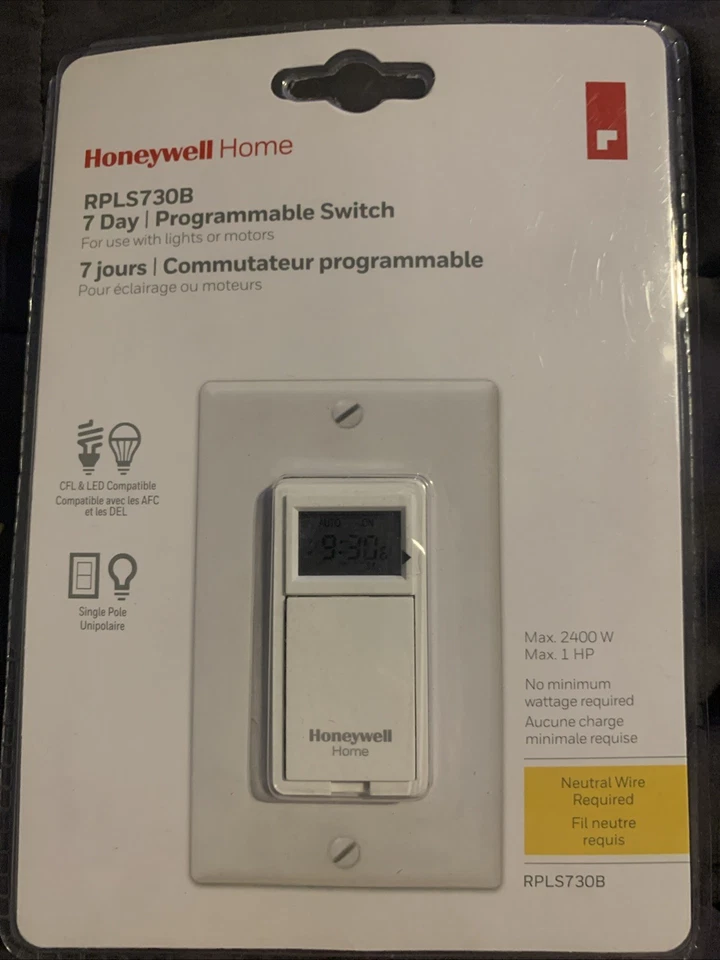 HONEYWELL EconoSwitch RPLS730B NUEVO 7 días programable interruptor de luz temporizador, nuevo en caja Foto 1 de 2