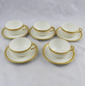 5 Antique Vignaud French Limoges Gold Encrusted Band Cups & Saucers France - Picture 1 of 5