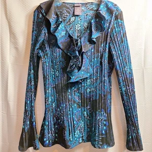 LAURA SCOTT Y2K Pleated Ruffle Front Button Top Sz XL Blue Geo Bell Sleeve 90s - Picture 1 of 6