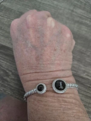 Judith Ripka Black Onyx and rock crystal quartz Initial "J" silver bangle - Image 1 of 4