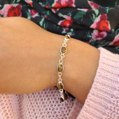 Pulsera Ojo de Tigre Genuina Plata de Ley 925 | Joyería de Piedras Preciosas Curativas Regalo Foto 1 de 4