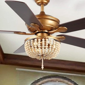 Erin 52 in. 3-Light Antique Gold/Light Brown Rustic Farmhouse Iron/Wood Bead LED - Picture 1 of 12