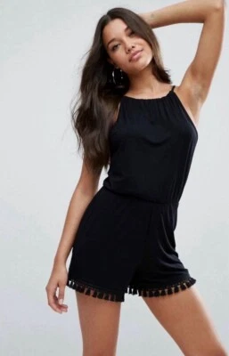 Mameluco halter cuello borla dobladillo jersey talla 2 flecos negros de ASOS DESIGN Foto 1 de 4