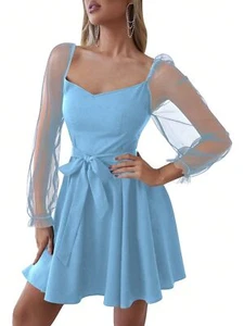 Women's V Neck Mesh Bishop Long Sleeve Ruffle Hem Belted Dress Plain Blue L - Picture 1 of 5