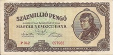 Hungary P124, 100 Million Pengő,  woman wearing scarf / parliament 1946