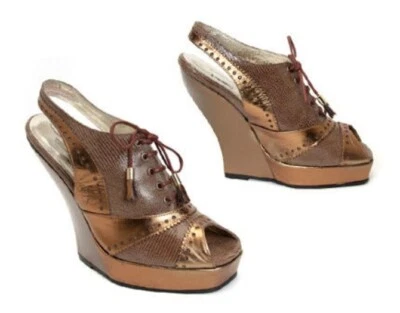 ZAPATOS DE PLATAFORMA JOHN FLUEVOG SIGNATURE SERIES LA BIANCO DORADOS CUÑA HONDA 7  Foto 1 de 4