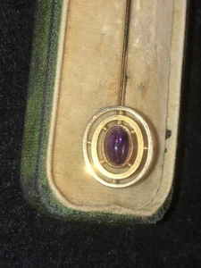 14K Yellow Gold Antique Bezel Set Amethyst Hat Pin / Stick Pin 2.1 grams w/ Box - Picture 1 of 17