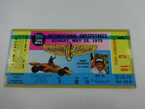 1975 International 500-Mile Sweepstakes Race Ticket Stub Indy 500 J. Rutherford Cover