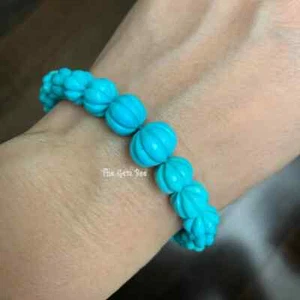 7.5mm-12.3mm 18k Gold Arizona Kingman Turquoise Carved Melon Bead Bracelet 7" - Picture 1 of 9