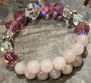 Memory Wire Pink Quartz, Vintage Crystal, Silver Bead ADJUSTABLE Bracelet - Picture 1 of 5