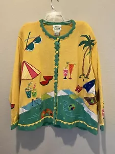 Quacker Factory Yellow Cardigan Sweater Beach Appliques Embroidered Women’s 2X - Picture 1 of 14
