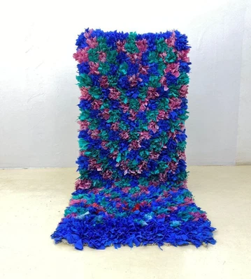 Moroccan Rug Handmade Boucherouite 2'6x6'1 ft Vintage Berber Blue Pink Home Rug - Image 1 of 4