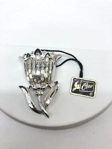 Vintage Coro Pegasus Brooch silver Baguette rhinestones Tulip flower with Tag - Picture 1 of 6