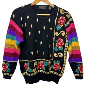 Vintage Carole Little Oversized Sweater Feather Charms Embroidered Unique Small - Picture 1 of 12