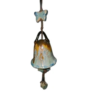 Studio Pottery Wind Chimes Butterfly Bell Drip Glaze Blues Tans Leather Cord - Picture 1 of 10