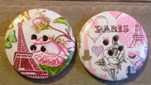 2 Eiffel Tower/Paris Sewing Buttons Crafting Round Wood 4 Hole 1 1/8" - Picture 1 of 2