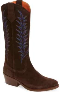 NWOT PENELOPE CHILVERS GOLDIE EMBROIDERED COWBOY BOOTS EBONY SIZE 7US/ 38EU - Picture 1 of 10
