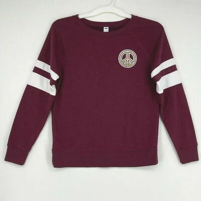 Antigua sudadera pulóver azul marino para mujer talla pequeña borgoña brillo parche signo de paz Foto 1 de 4