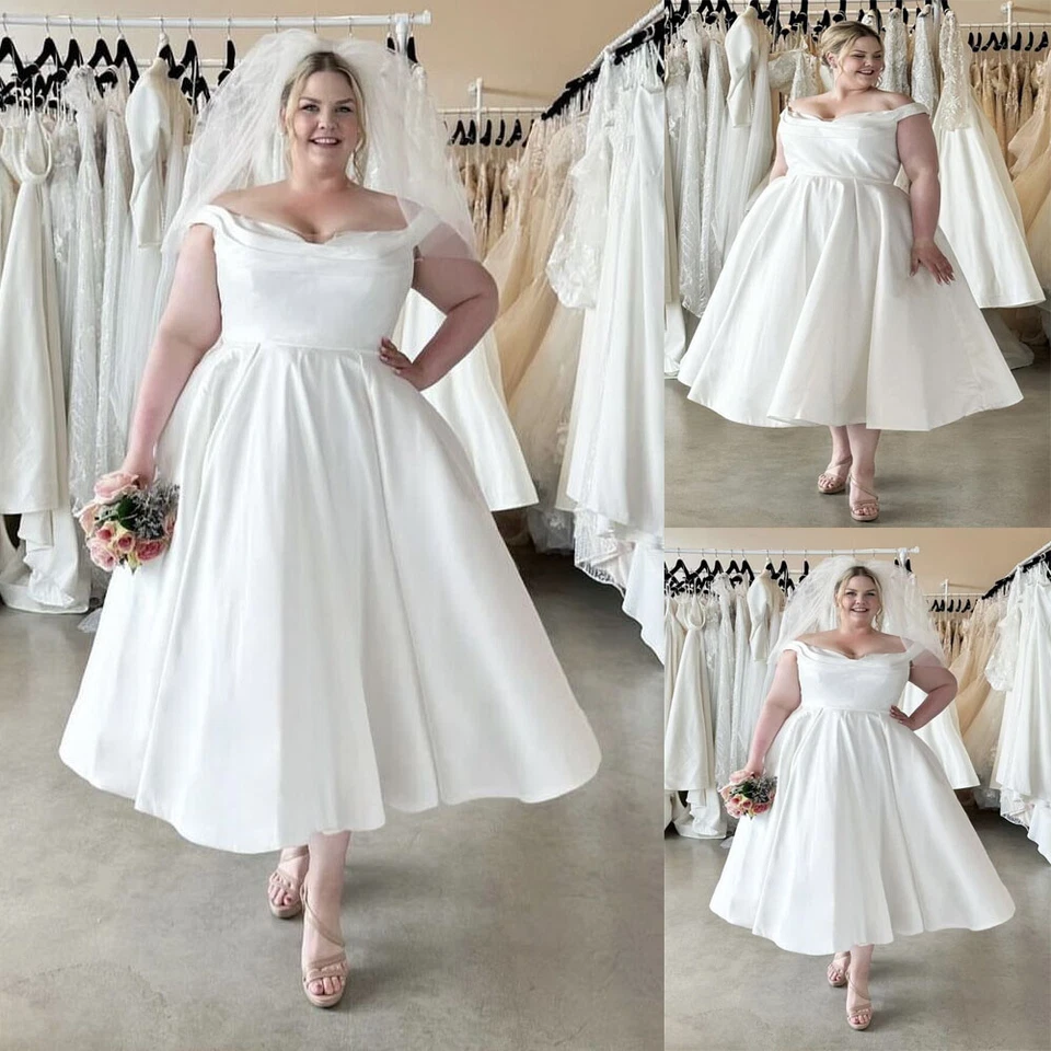 Vestidos de novia cortos talla grande hasta el té fuera del hombro satinado línea A vestido de novia Foto 1 de 4