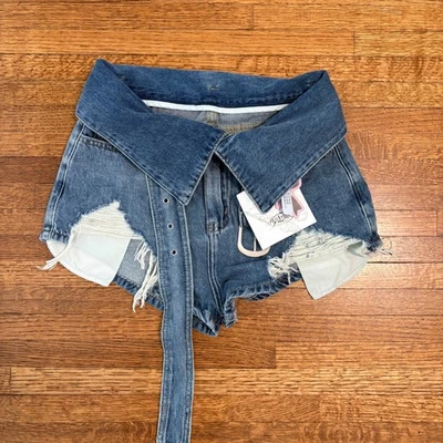 Distressed Denim Shorts Womens L High Waist Belted Ripped Cuffed Jean - Image 1 of 4