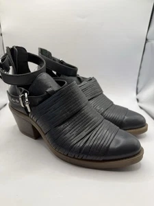Le Sansa Charcoal Black Leather Double Buckle Block Heels Size 7 Women’s - Picture 1 of 12