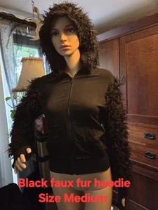 Too Fast Clothing Black Faux Fur Hoodie with Zipper Closure Size Medium - Picture 1 of 2