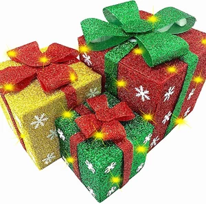 Set of 3 Lighted Gift Boxes Christmas Decorations with Bows, 60 LED Light Red Gr - Picture 1 of 7