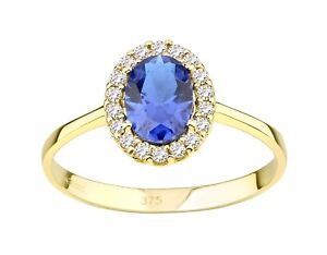 9ct Yellow Gold Blue Sapphire Oval Halo Cluster Ring size J K L M N O P Q R S