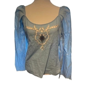 Y2K Vtg Rampage Women's XL Geneva Blouse Blue White Cut Outs 100% Cotton - Picture 1 of 7